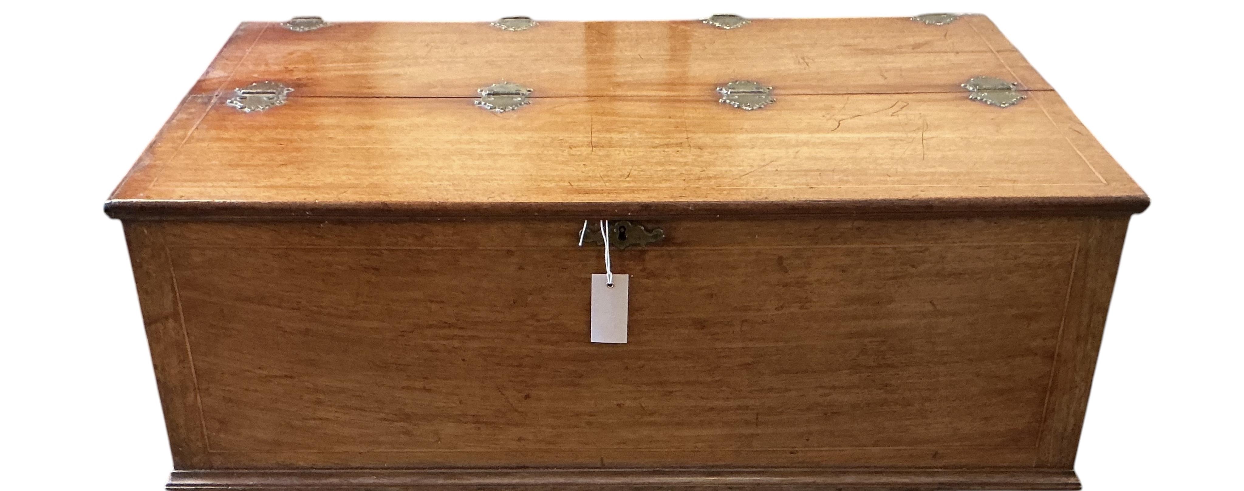 A 19th century brass mounted rectangular mahogany box, width 95cm, depth 61cm, height 32cm